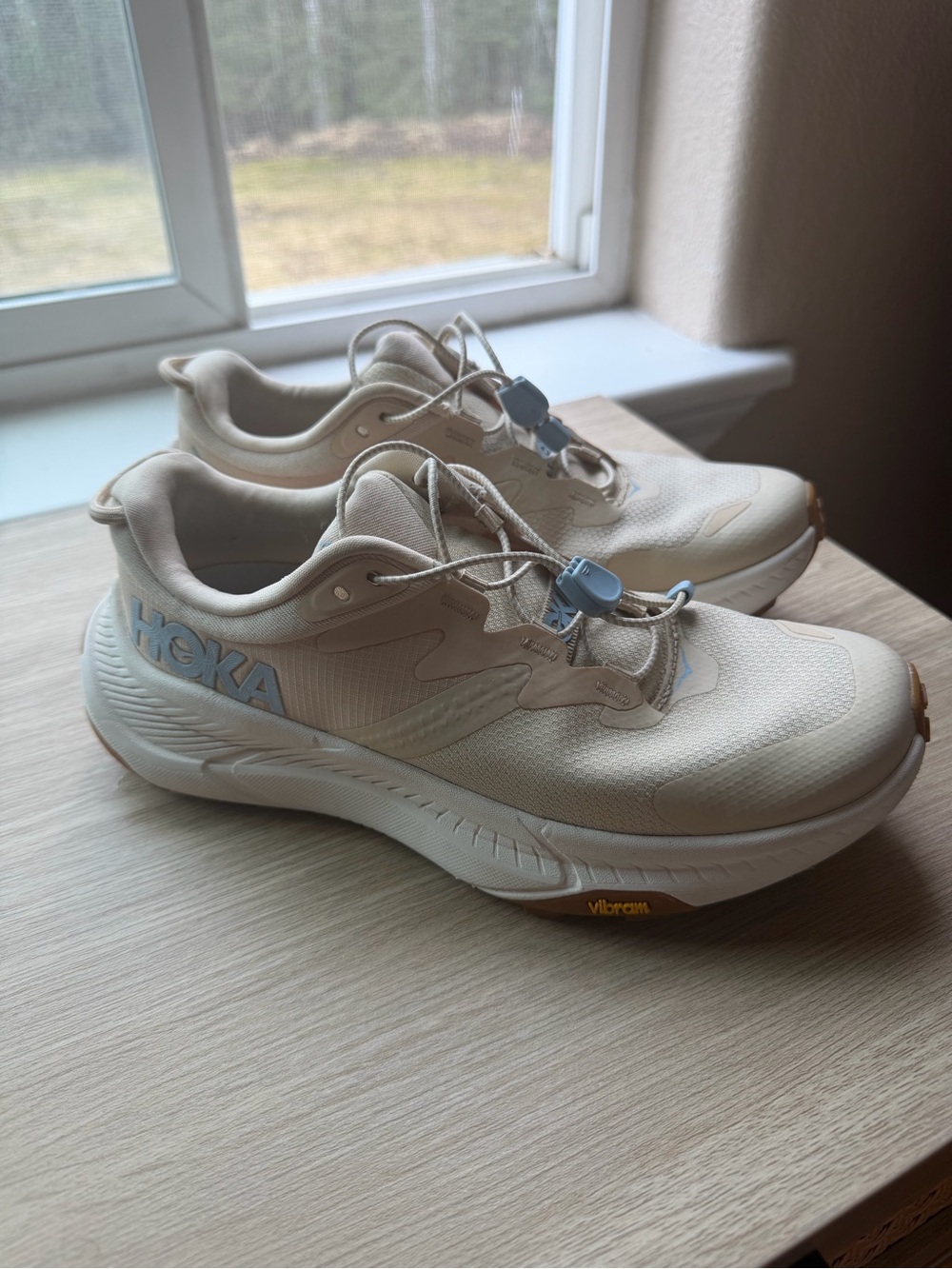 Hoka Beige Trail Sneakers with Light Blue Accents